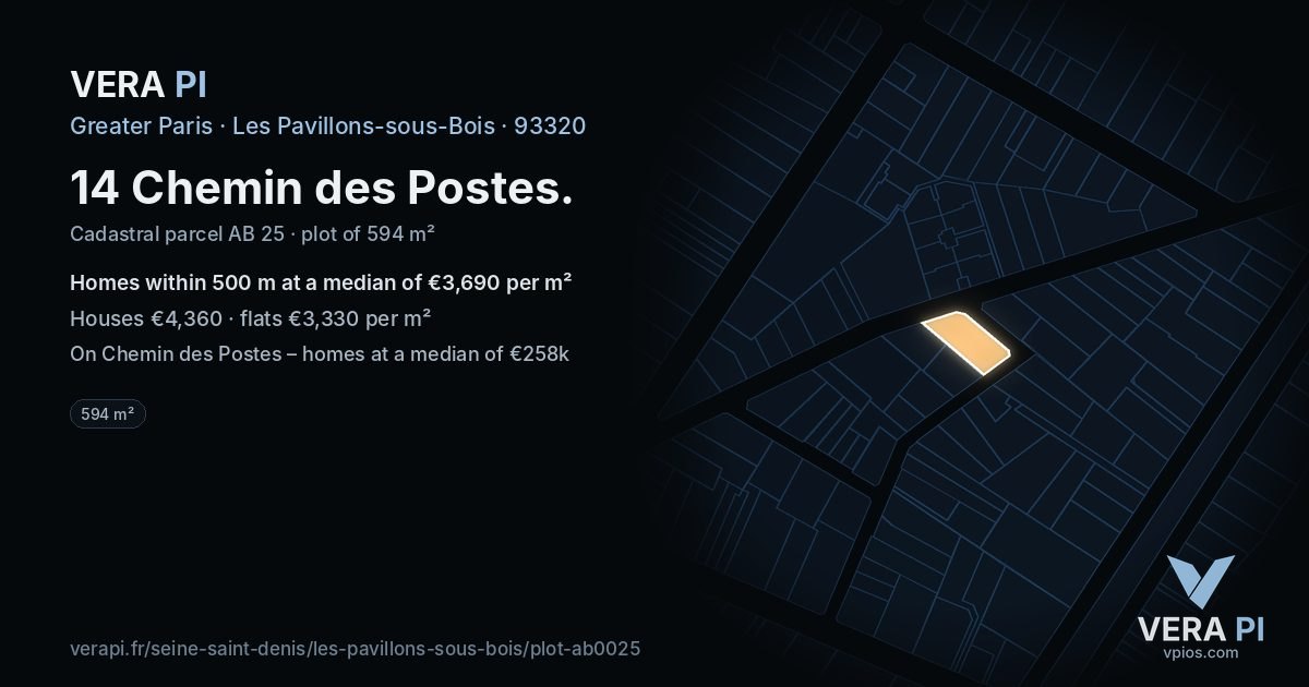 14 Chemin des Postes, Les Pavillons-sous-Bois at night – the plot lit, the parcels around coloured by the prices near them