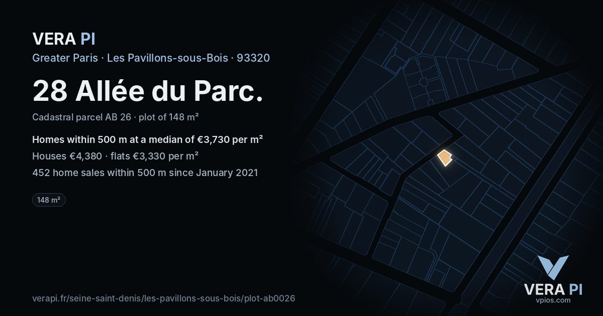 28 Allée du Parc, Les Pavillons-sous-Bois at night – the plot lit, the parcels around coloured by the prices near them