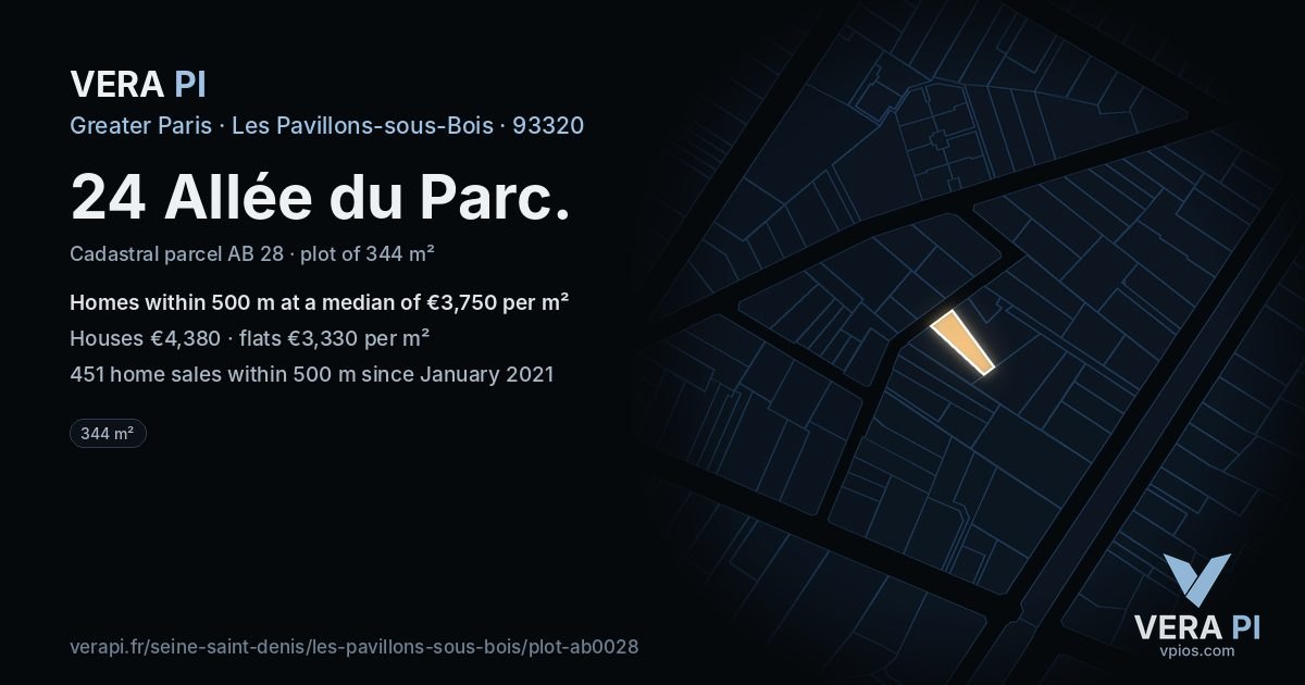 24 Allée du Parc, Les Pavillons-sous-Bois at night – the plot lit, the parcels around coloured by the prices near them