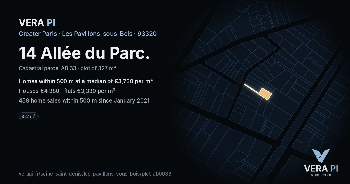 14 Allée du Parc, Les Pavillons-sous-Bois at night – the plot lit, the parcels around coloured by the prices near them