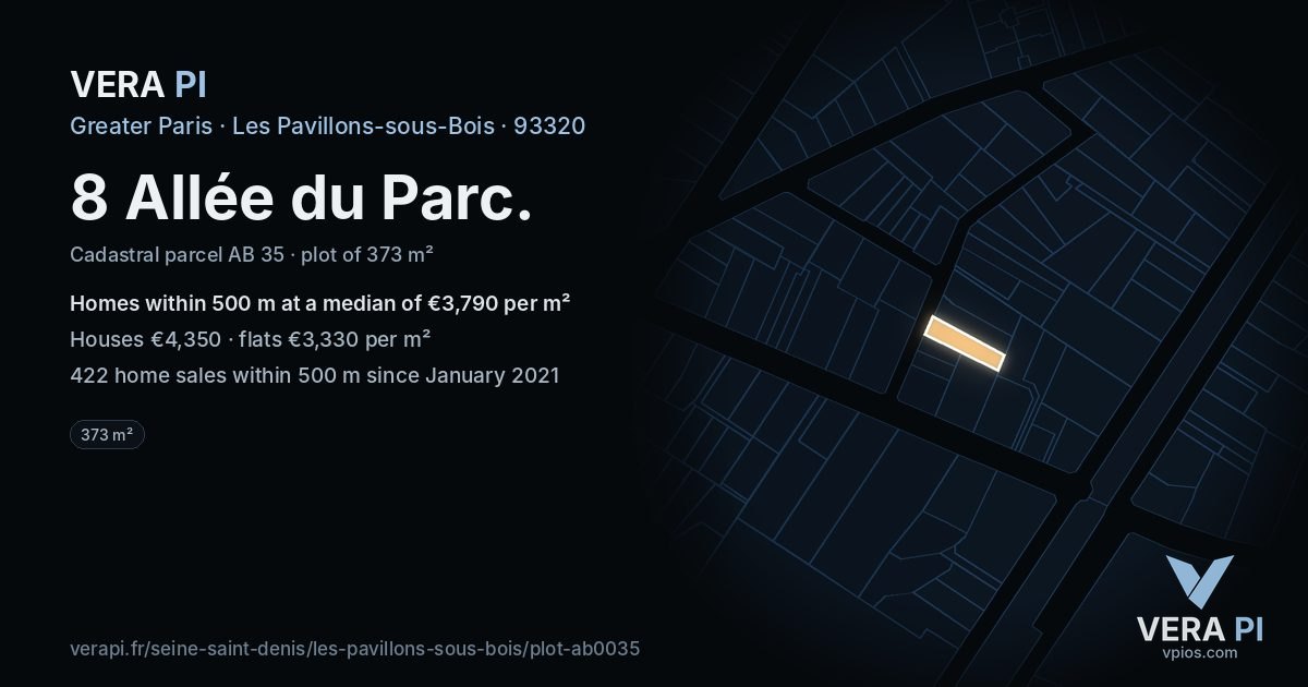 8 Allée du Parc, Les Pavillons-sous-Bois at night – the plot lit, the parcels around coloured by the prices near them