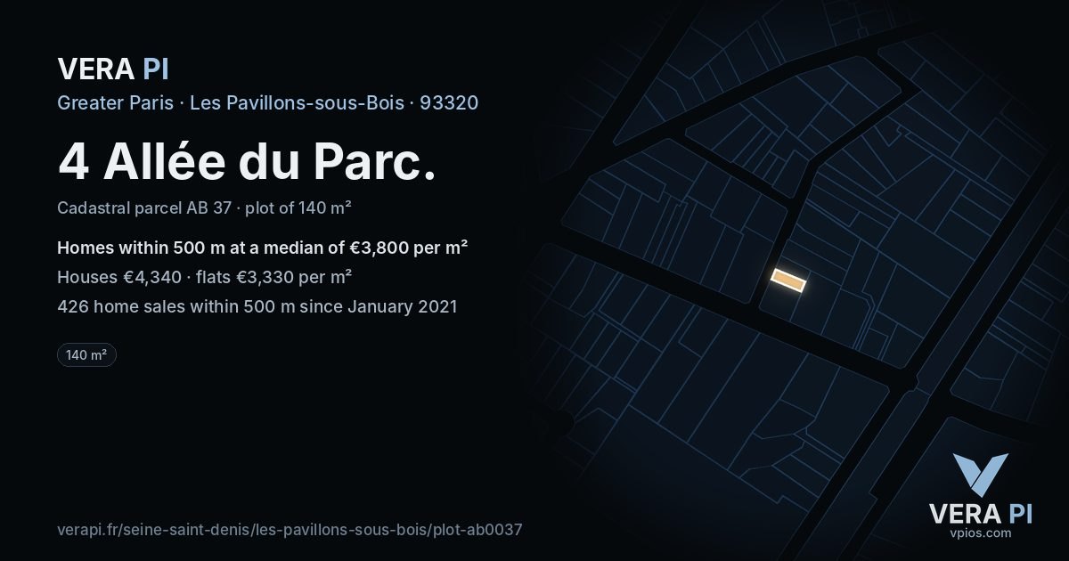 4 Allée du Parc, Les Pavillons-sous-Bois at night – the plot lit, the parcels around coloured by the prices near them