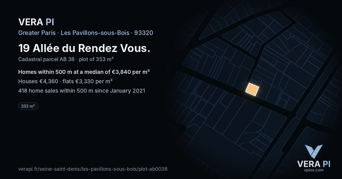19 Allée du Rendez Vous, Les Pavillons-sous-Bois at night – the plot lit, the parcels around coloured by the prices near them