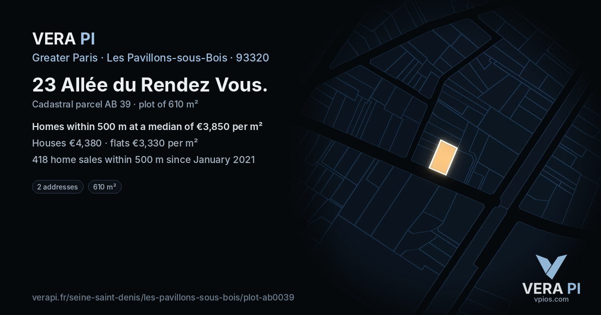 23 Allée du Rendez Vous, Les Pavillons-sous-Bois at night – the plot lit, the parcels around coloured by the prices near them