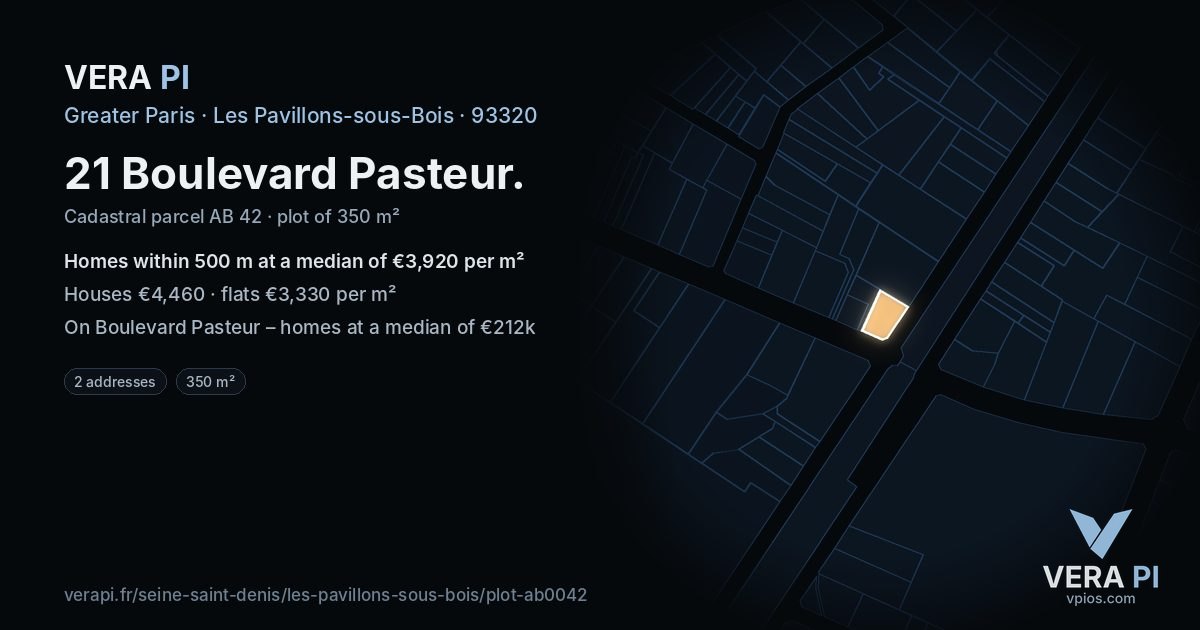 21 Boulevard Pasteur, Les Pavillons-sous-Bois at night – the plot lit, the parcels around coloured by the prices near them