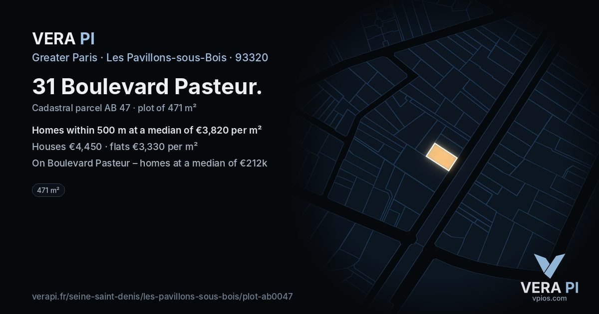 31 Boulevard Pasteur, Les Pavillons-sous-Bois at night – the plot lit, the parcels around coloured by the prices near them
