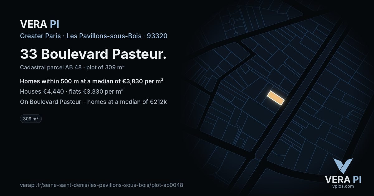 33 Boulevard Pasteur, Les Pavillons-sous-Bois at night – the plot lit, the parcels around coloured by the prices near them