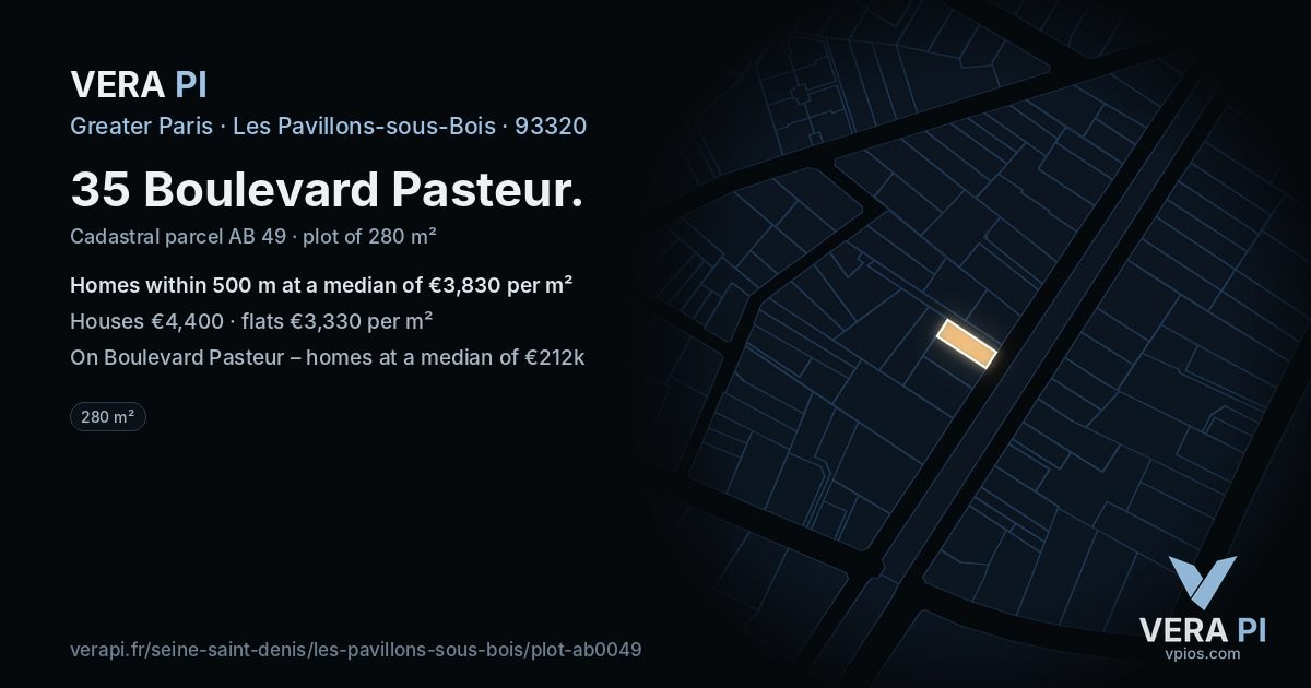 35 Boulevard Pasteur, Les Pavillons-sous-Bois at night – the plot lit, the parcels around coloured by the prices near them