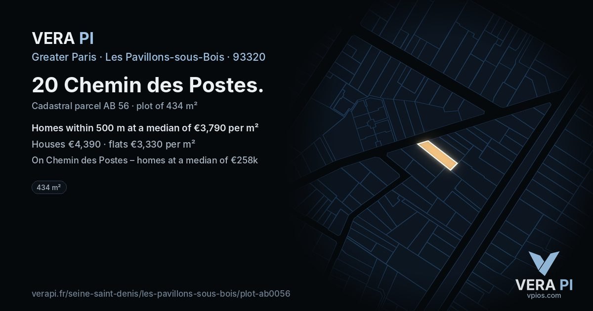 20 Chemin des Postes, Les Pavillons-sous-Bois at night – the plot lit, the parcels around coloured by the prices near them