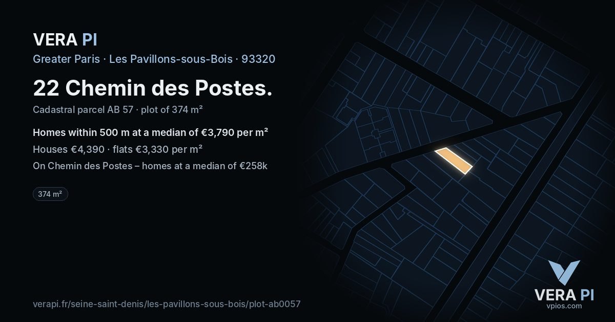 22 Chemin des Postes, Les Pavillons-sous-Bois at night – the plot lit, the parcels around coloured by the prices near them