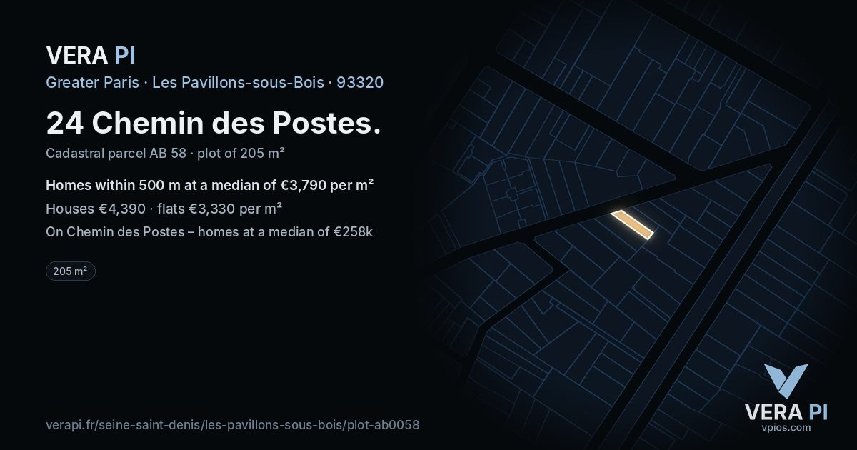 24 Chemin des Postes, Les Pavillons-sous-Bois at night – the plot lit, the parcels around coloured by the prices near them