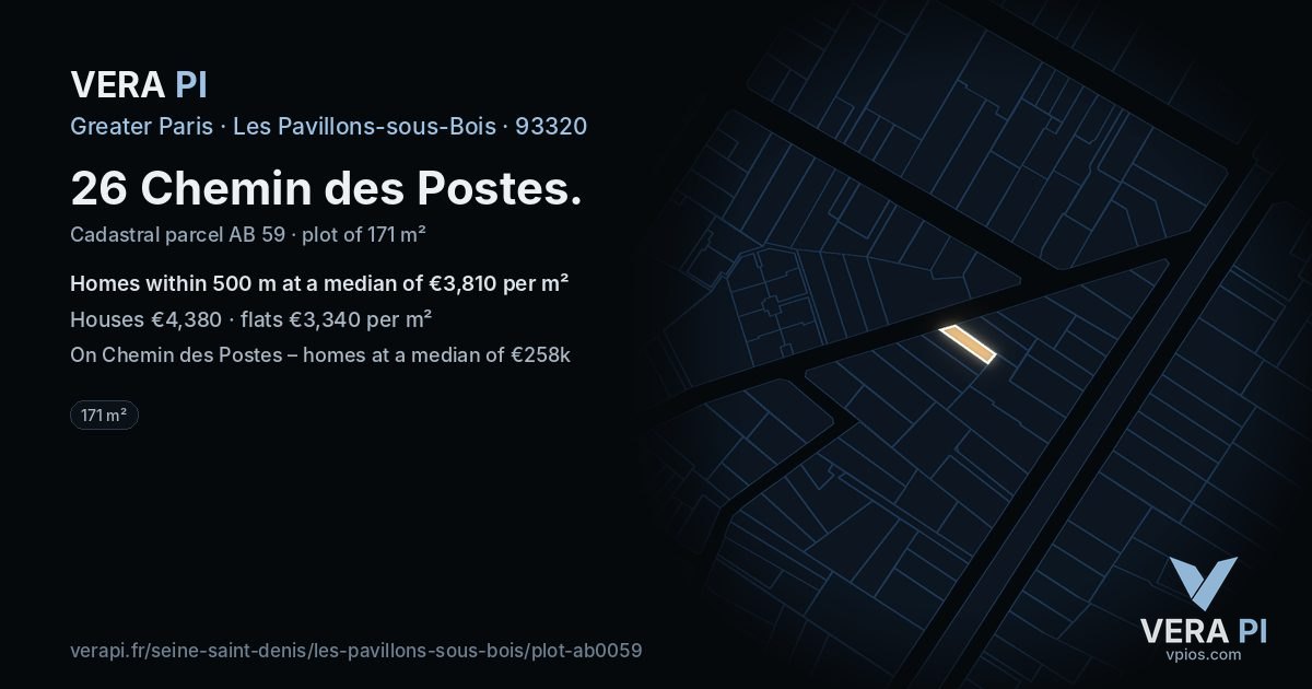26 Chemin des Postes, Les Pavillons-sous-Bois at night – the plot lit, the parcels around coloured by the prices near them