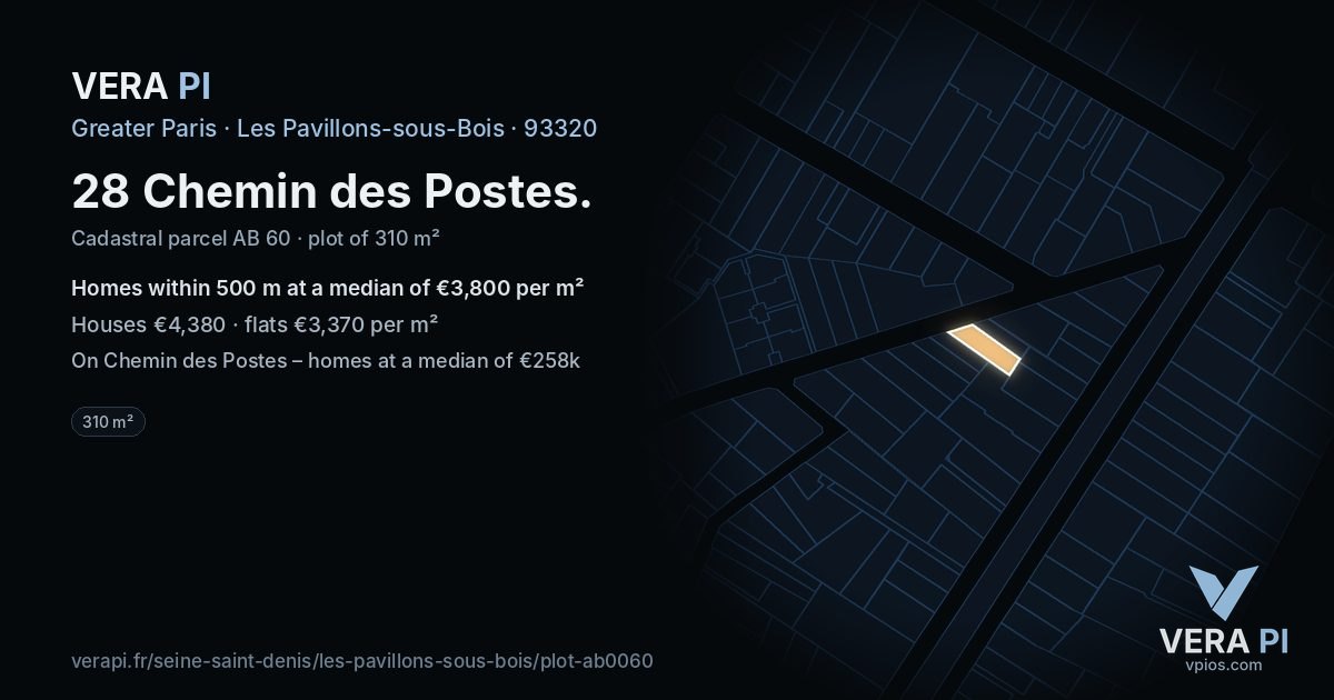 28 Chemin des Postes, Les Pavillons-sous-Bois at night – the plot lit, the parcels around coloured by the prices near them