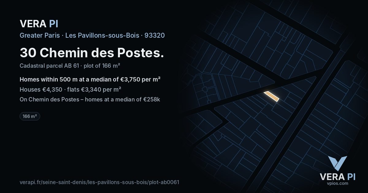 30 Chemin des Postes, Les Pavillons-sous-Bois at night – the plot lit, the parcels around coloured by the prices near them