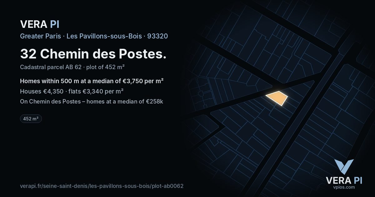 32 Chemin des Postes, Les Pavillons-sous-Bois at night – the plot lit, the parcels around coloured by the prices near them
