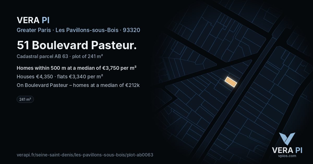 51 Boulevard Pasteur, Les Pavillons-sous-Bois at night – the plot lit, the parcels around coloured by the prices near them