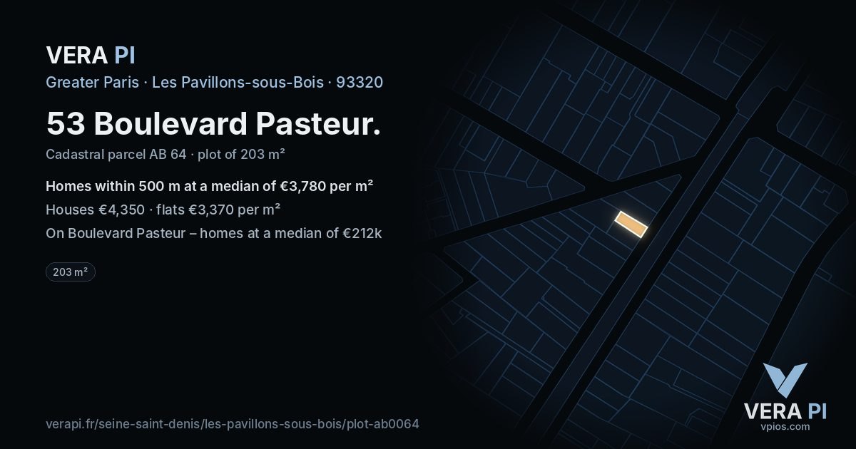 53 Boulevard Pasteur, Les Pavillons-sous-Bois at night – the plot lit, the parcels around coloured by the prices near them