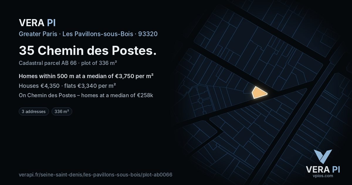 35 Chemin des Postes, Les Pavillons-sous-Bois at night – the plot lit, the parcels around coloured by the prices near them