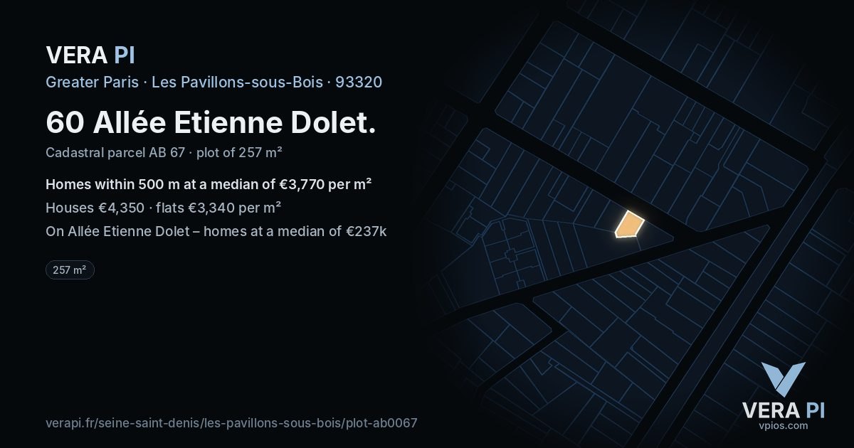 60 Allée Etienne Dolet, Les Pavillons-sous-Bois at night – the plot lit, the parcels around coloured by the prices near them