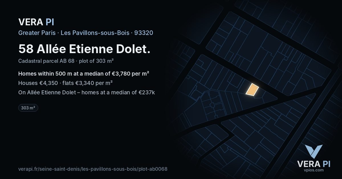 58 Allée Etienne Dolet, Les Pavillons-sous-Bois at night – the plot lit, the parcels around coloured by the prices near them