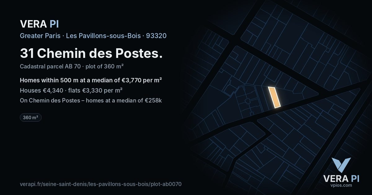 31 Chemin des Postes, Les Pavillons-sous-Bois at night – the plot lit, the parcels around coloured by the prices near them