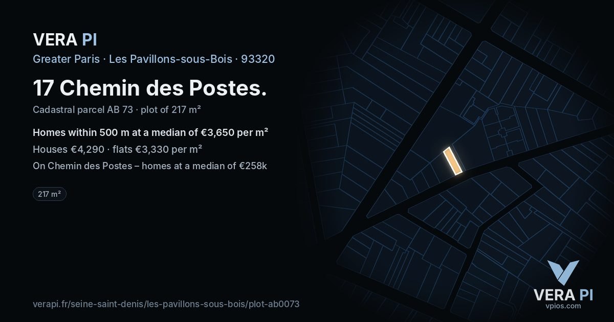 17 Chemin des Postes, Les Pavillons-sous-Bois at night – the plot lit, the parcels around coloured by the prices near them
