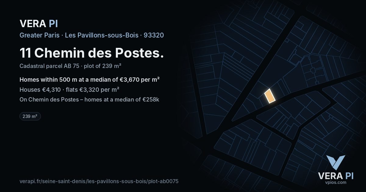 11 Chemin des Postes, Les Pavillons-sous-Bois at night – the plot lit, the parcels around coloured by the prices near them