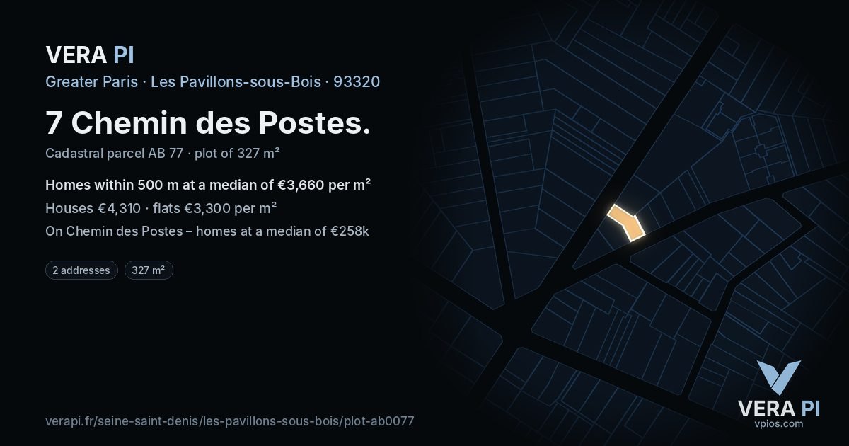 7 Chemin des Postes, Les Pavillons-sous-Bois at night – the plot lit, the parcels around coloured by the prices near them