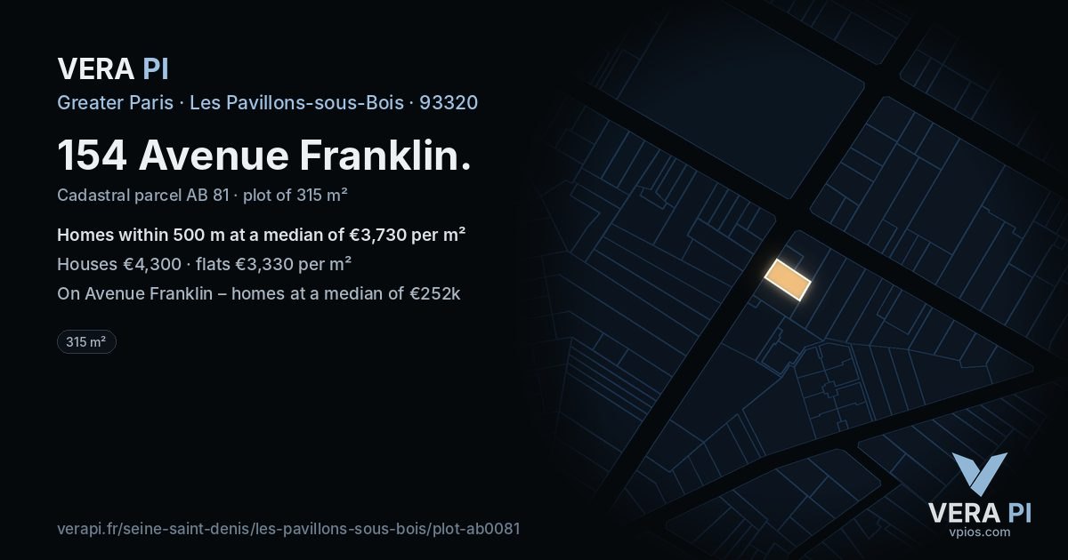154 Avenue Franklin, Les Pavillons-sous-Bois at night – the plot lit, the parcels around coloured by the prices near them