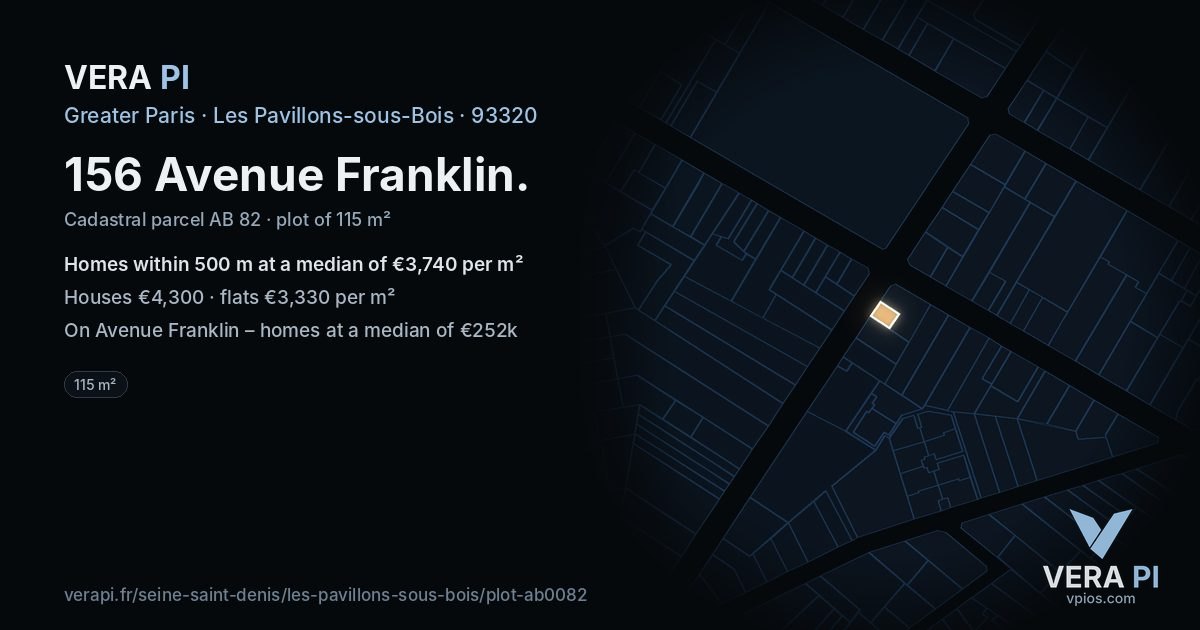 156 Avenue Franklin, Les Pavillons-sous-Bois at night – the plot lit, the parcels around coloured by the prices near them