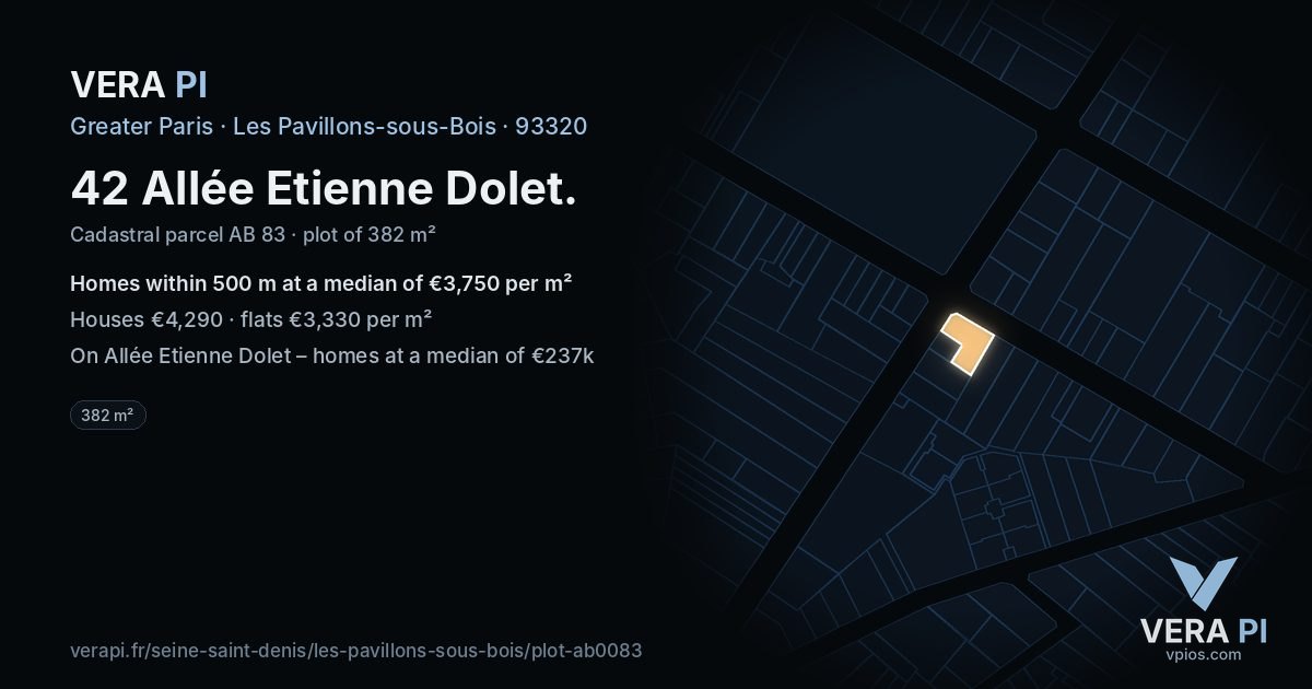 42 Allée Etienne Dolet, Les Pavillons-sous-Bois at night – the plot lit, the parcels around coloured by the prices near them
