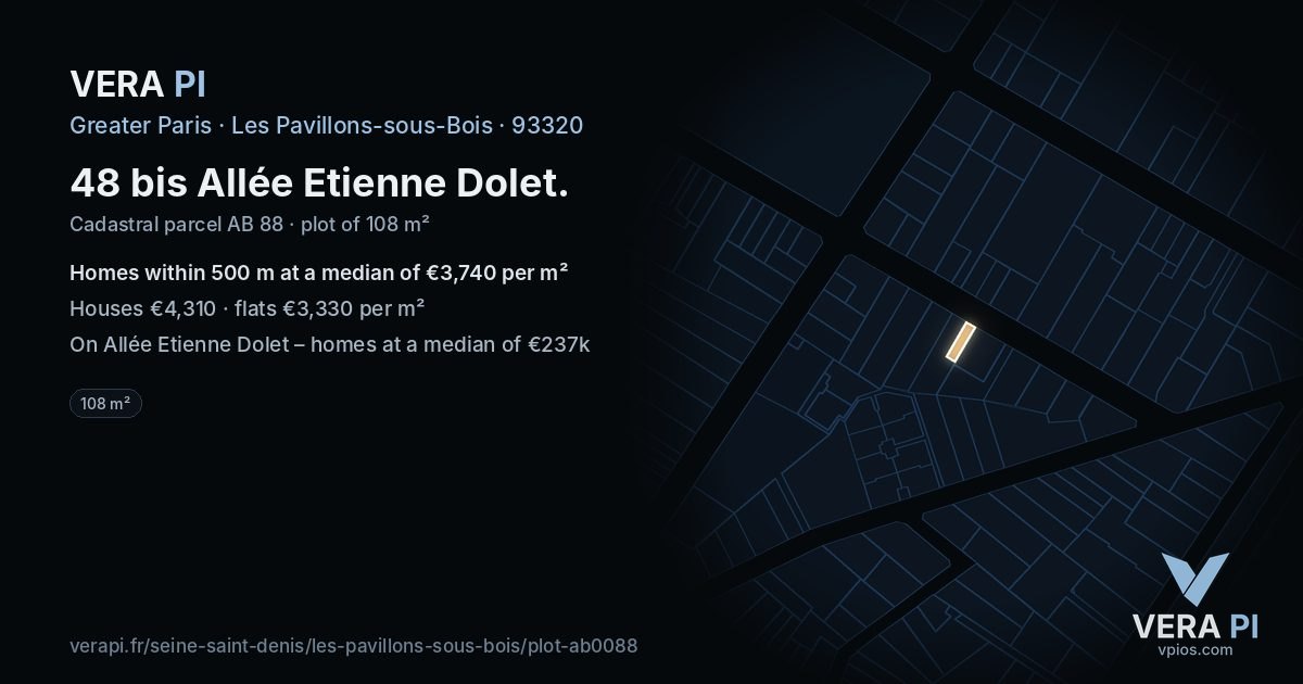 48 bis Allée Etienne Dolet, Les Pavillons-sous-Bois at night – the plot lit, the parcels around coloured by the prices near them