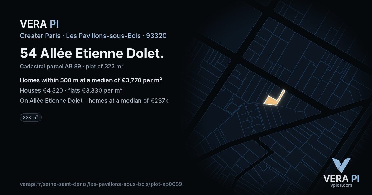 54 Allée Etienne Dolet, Les Pavillons-sous-Bois at night – the plot lit, the parcels around coloured by the prices near them
