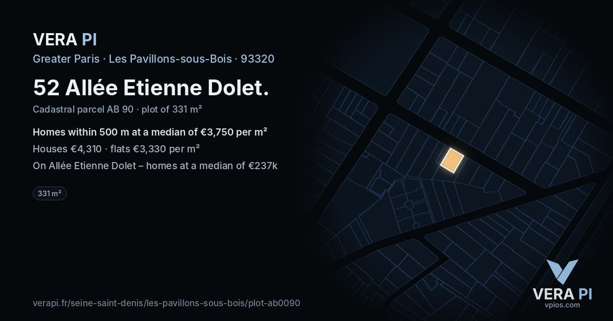 52 Allée Etienne Dolet, Les Pavillons-sous-Bois at night – the plot lit, the parcels around coloured by the prices near them