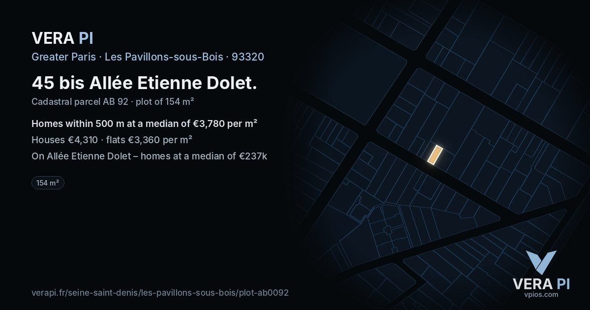 45 bis Allée Etienne Dolet, Les Pavillons-sous-Bois at night – the plot lit, the parcels around coloured by the prices near them
