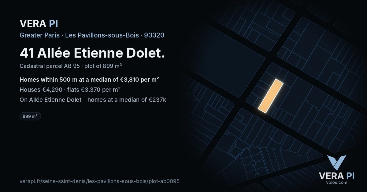 41 Allée Etienne Dolet, Les Pavillons-sous-Bois at night – the plot lit, the parcels around coloured by the prices near them