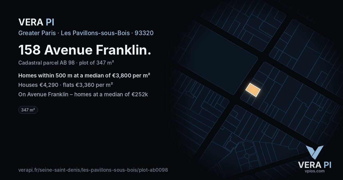 158 Avenue Franklin, Les Pavillons-sous-Bois at night – the plot lit, the parcels around coloured by the prices near them