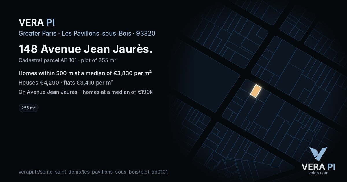 148 Avenue Jean Jaurès, Les Pavillons-sous-Bois at night – the plot lit, the parcels around coloured by the prices near them