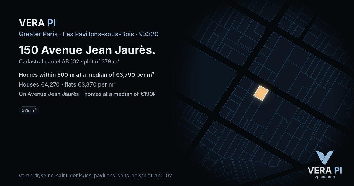 150 Avenue Jean Jaurès, Les Pavillons-sous-Bois at night – the plot lit, the parcels around coloured by the prices near them