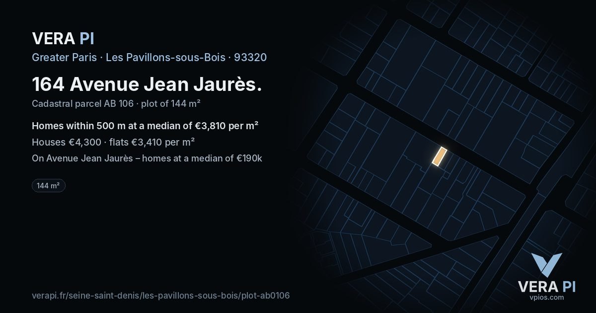 164 Avenue Jean Jaurès, Les Pavillons-sous-Bois at night – the plot lit, the parcels around coloured by the prices near them