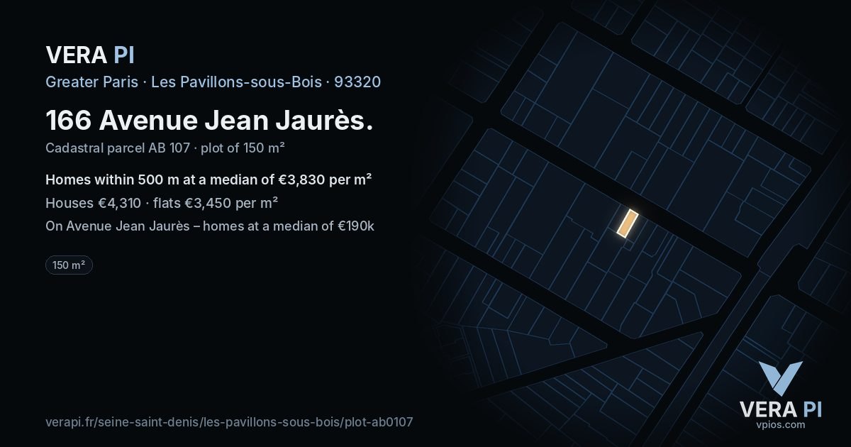 166 Avenue Jean Jaurès, Les Pavillons-sous-Bois at night – the plot lit, the parcels around coloured by the prices near them