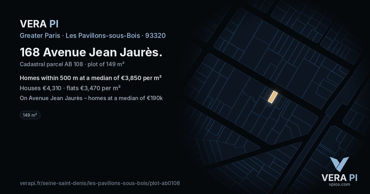 168 Avenue Jean Jaurès, Les Pavillons-sous-Bois at night – the plot lit, the parcels around coloured by the prices near them