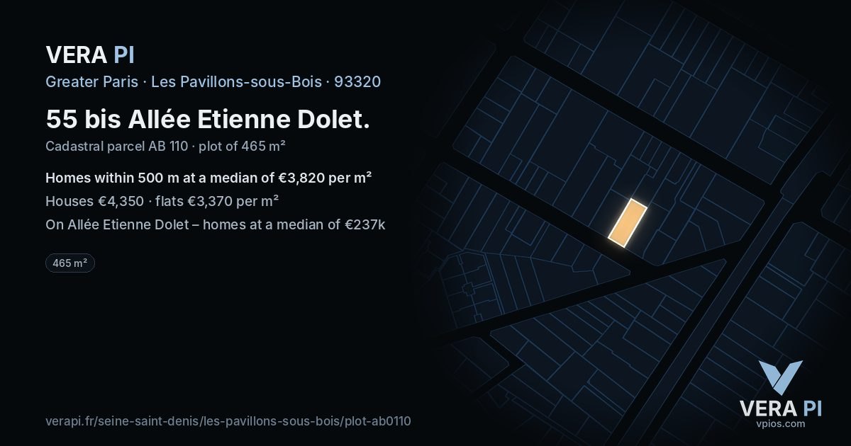 55 bis Allée Etienne Dolet, Les Pavillons-sous-Bois at night – the plot lit, the parcels around coloured by the prices near them
