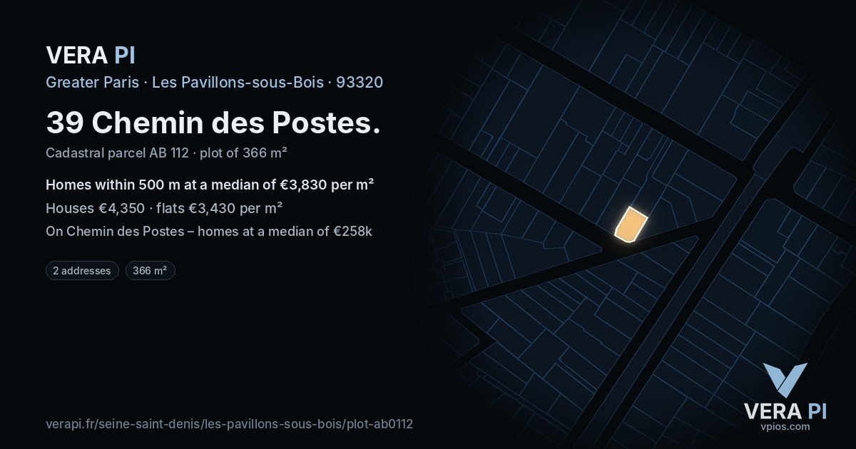 39 Chemin des Postes, Les Pavillons-sous-Bois at night – the plot lit, the parcels around coloured by the prices near them