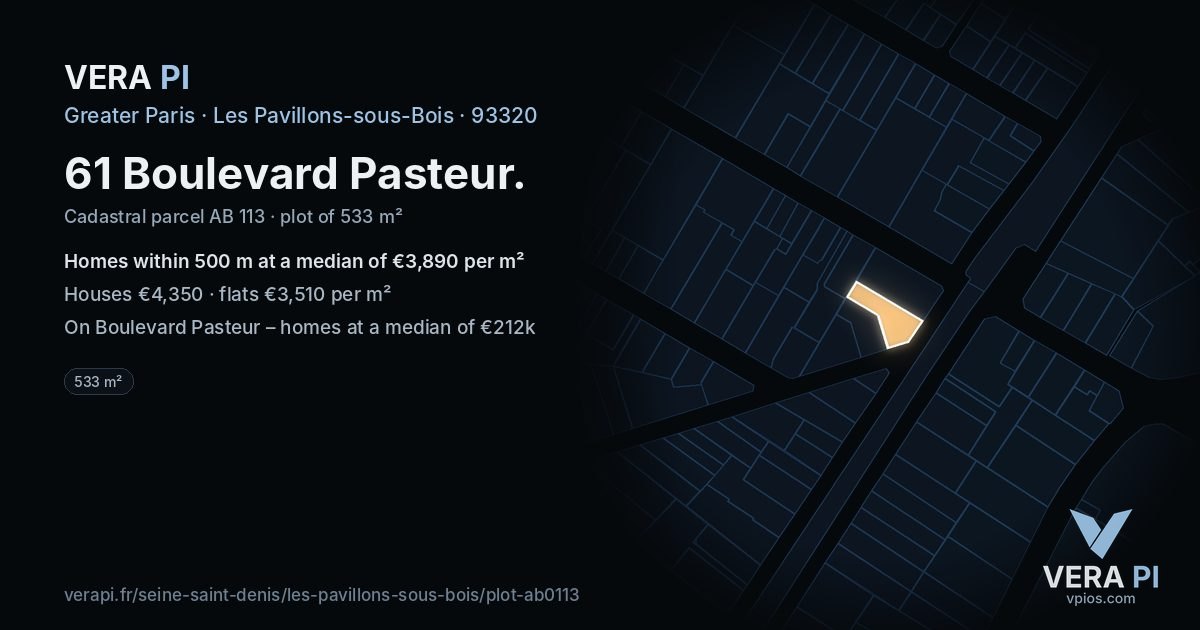 61 Boulevard Pasteur, Les Pavillons-sous-Bois at night – the plot lit, the parcels around coloured by the prices near them