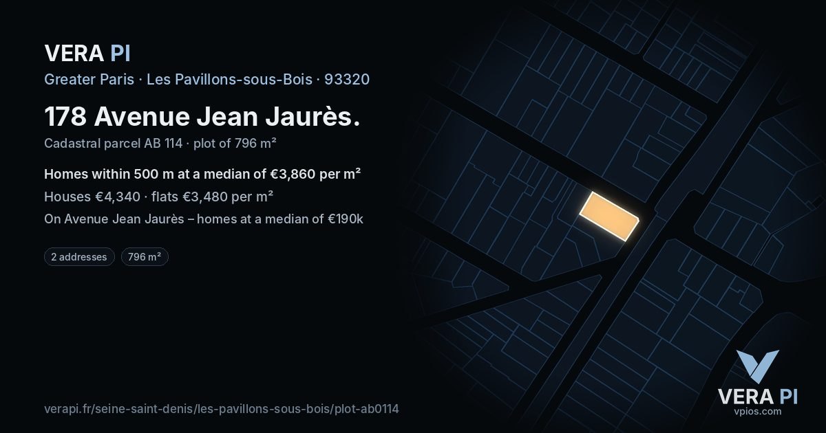 178 Avenue Jean Jaurès, Les Pavillons-sous-Bois at night – the plot lit, the parcels around coloured by the prices near them