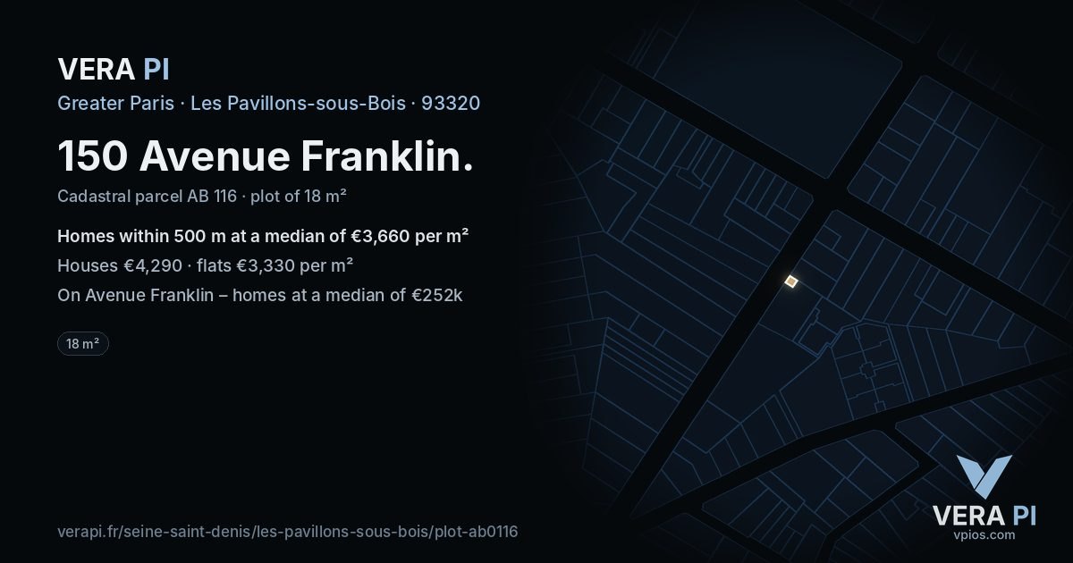 150 Avenue Franklin, Les Pavillons-sous-Bois at night – the plot lit, the parcels around coloured by the prices near them