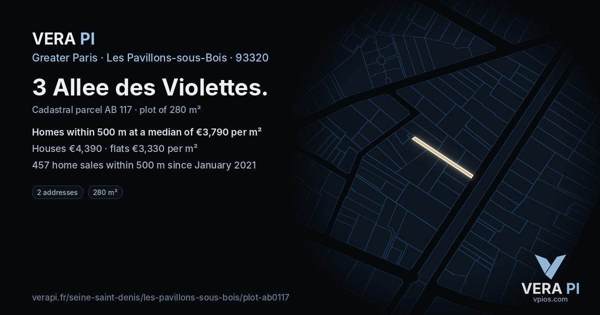 3 Allee des Violettes, Les Pavillons-sous-Bois at night – the plot lit, the parcels around coloured by the prices near them