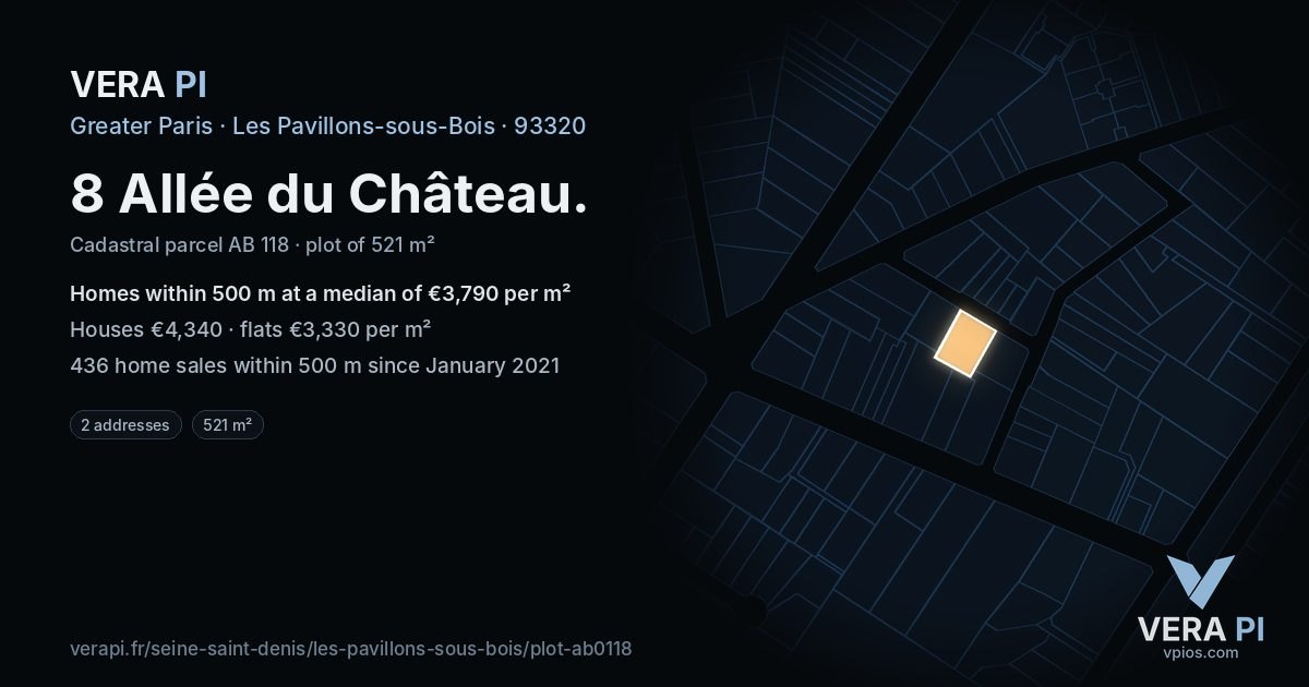 8 Allée du Château, Les Pavillons-sous-Bois at night – the plot lit, the parcels around coloured by the prices near them