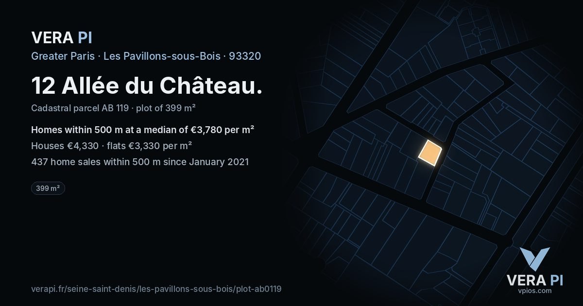 12 Allée du Château, Les Pavillons-sous-Bois at night – the plot lit, the parcels around coloured by the prices near them